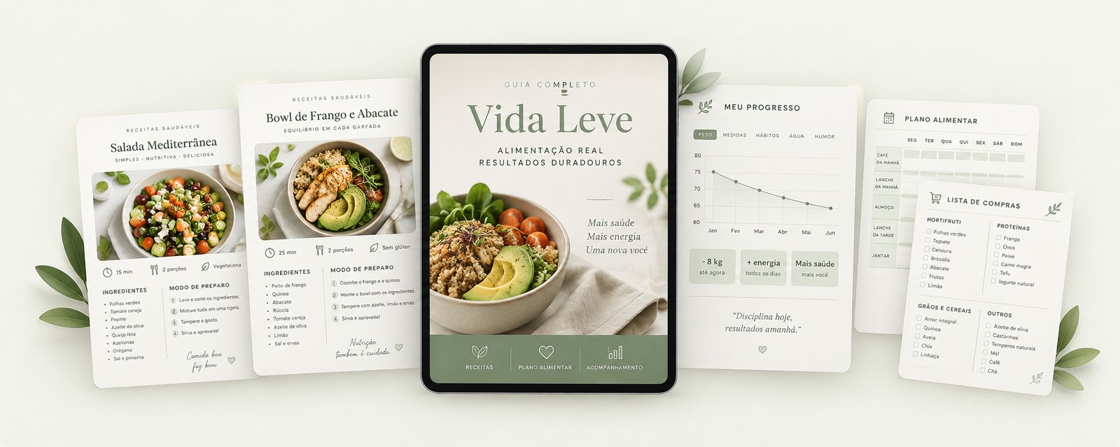 Ebook Vida Leve aberto no tablet, fichas de receitas, plano alimentar e lista de compras do Projeto 21 Dias Mais Leve